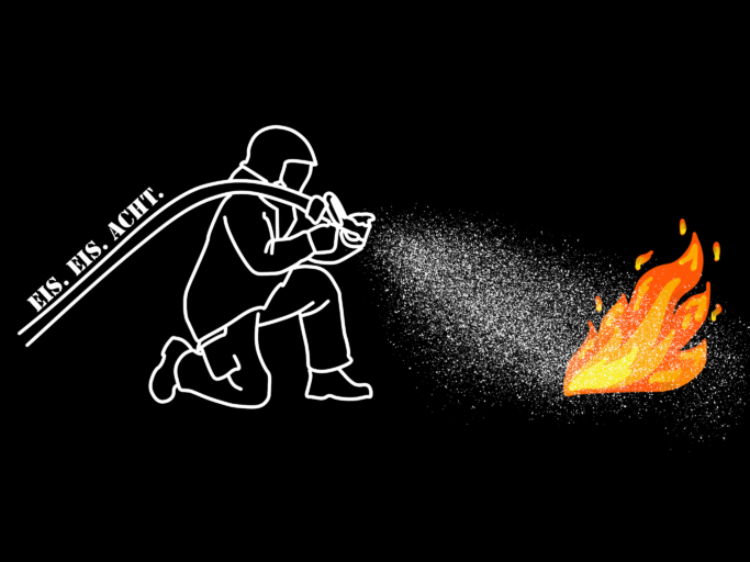 Feuerwehrperson löscht eine Flamme mit dem Schriftzug Eis. Eis. Acht. auf schwarzem Hintergrund