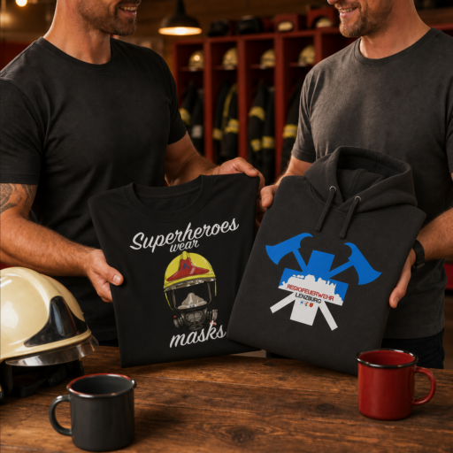 Vereinsmitglieder präsentieren T-Shirts und Kapuzenpullover des Versorgungstrupps