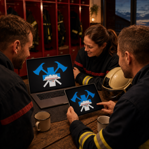 Feuerwehrangehörige betrachten digitale Wallpaper des Versorgungstrupps auf Laptop und Tablet