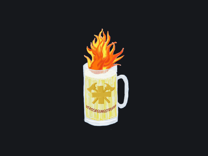 Brennender Bierkrug mit Emblem des Vereins Versorgungstrupp auf graphitfarbenem Hintergrund