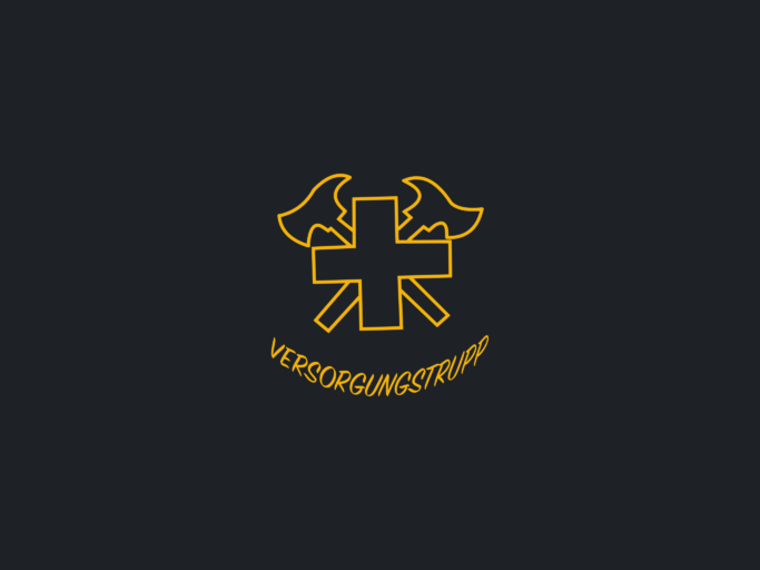 Goldenes Emblem des Vereins Versorgungstrupp auf anthrazitfarbenem Hintergrund